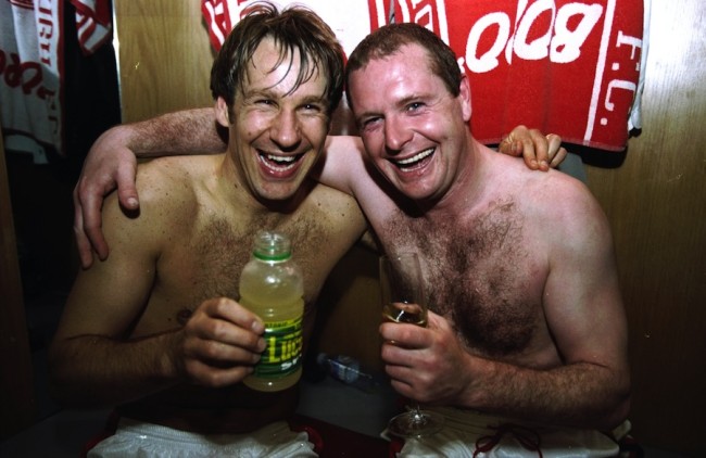 3 May 1998:  Paul Gascoigne and Paul Merson of Middlesbrough celebrate a return to top flight football after a Nationwide Division One match against Oxford United at the Riverside Stadium in Middlesbrough, England. Middlesbrough won the match 4-1 to earnpromotion to the Premiership.  Mandatory Credit: Stu  Forster/Allsport