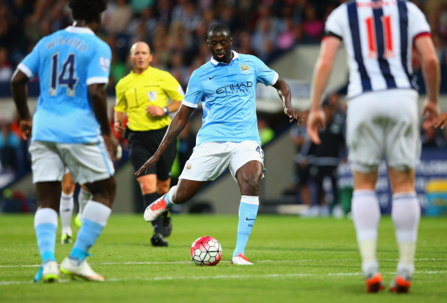 WEST BROMWICH, ENGLAND - AUGUST 10:  Yaya Toure of Manchester City (C) scores their second goal during the Barclays Premier League match between West Bromwich Albion and Manchester City at The Hawthorns on August 10, 2015 in West Bromwich, England.  (Photo by Alex Livesey/Getty Images)