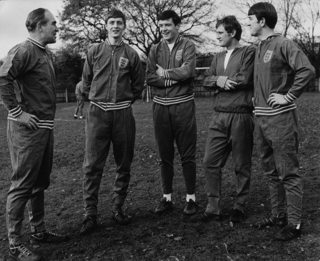 10th December 1968:  England manager Sir Alf Ramsey talks with three of  the English soccer team training at the Bank of England Sports Ground, Roehampton as they prepare for a match against Bulgaria. L to r, Sir Alf Ramsey, Alan Clarke (Arsenal), Cyril Knowles, Len Badger and Howard Kendall.  (Photo by Jim Gray/Keystone/Getty Images)