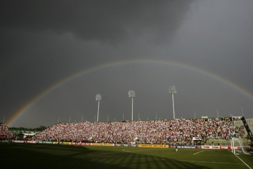 A rainbow appears over the Bezerrao stadium during Sao Paulo vs Goias in Brasilia (AP Photo/Eraldo Peres)